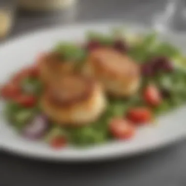 A beautifully plated dish of fake crab cakes alongside a colorful salad