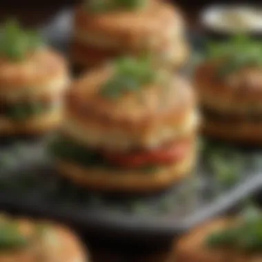 A close-up of vibrant fake crab cakes garnished with fresh herbs