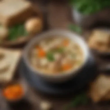 A bowl of matzo ball soup garnished with fresh herbs