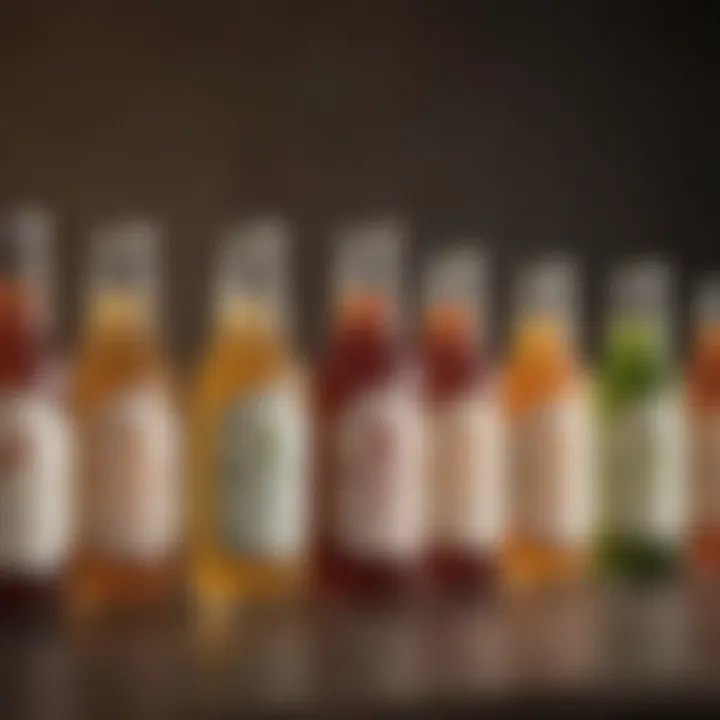 Artisan kombucha bottles lined up showcasing various flavors