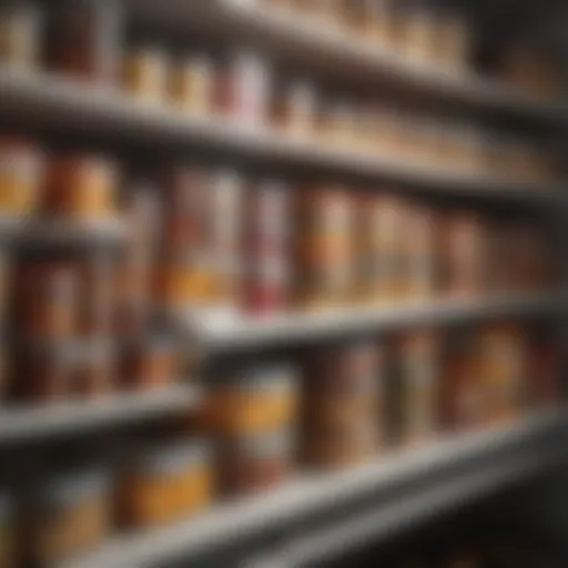 A variety of sealed food containers organized on a kitchen shelf.