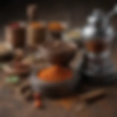 An assortment of spices displayed next to a traditional spice grinder illustrating their distinct textures and colors.