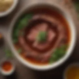 A rich bowl of beef broth with garnishes