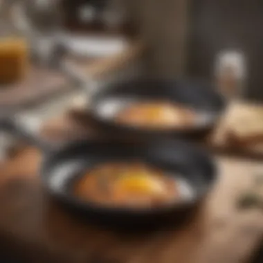 An artistic arrangement of frying pans in a culinary setting