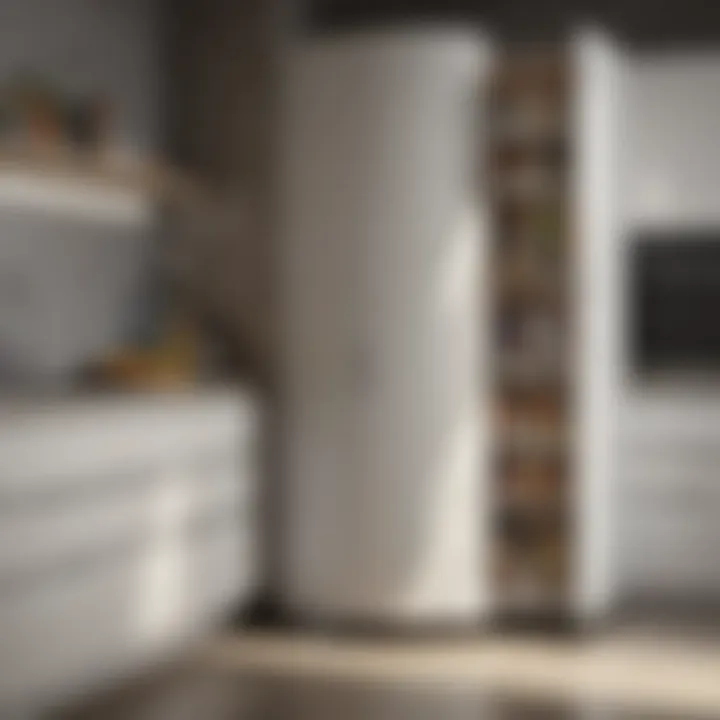 Elegant narrow storage cabinet on wheels in a modern kitchen setting