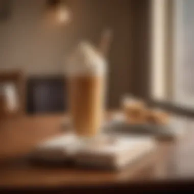 Caramel Frappe in a Cozy Environment A caramel frappe in a stylish glass, next to a book and a cozy setting