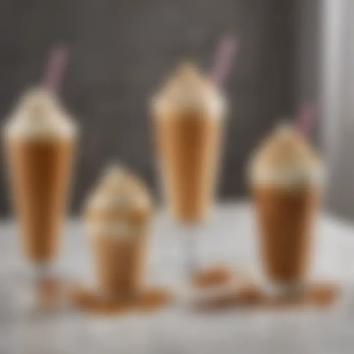 A variety of caramel frappe variations displayed on a table, showcasing different flavors and toppings