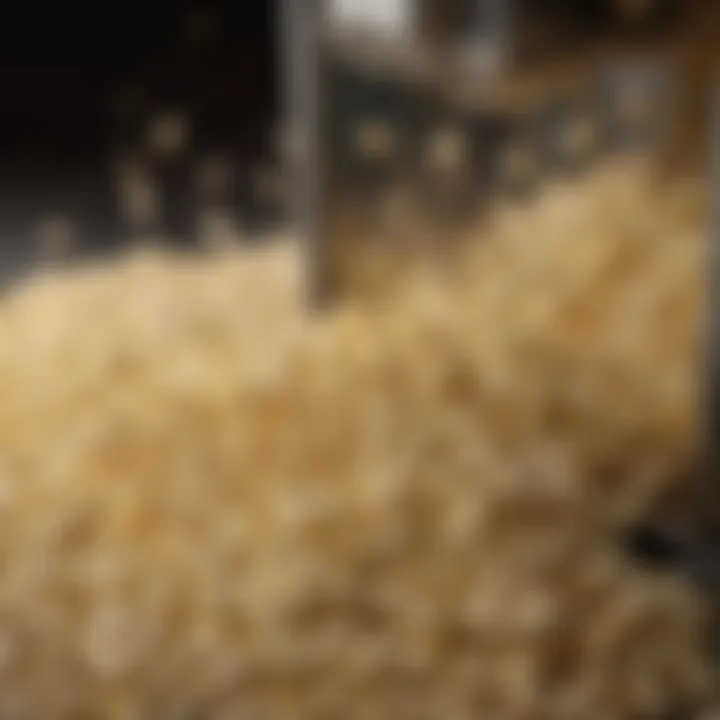 Detailed view of popcorn kernels popping in a machine