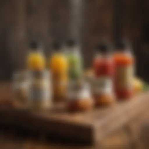 Elegant display of culinary-themed shower favors on a rustic wooden table