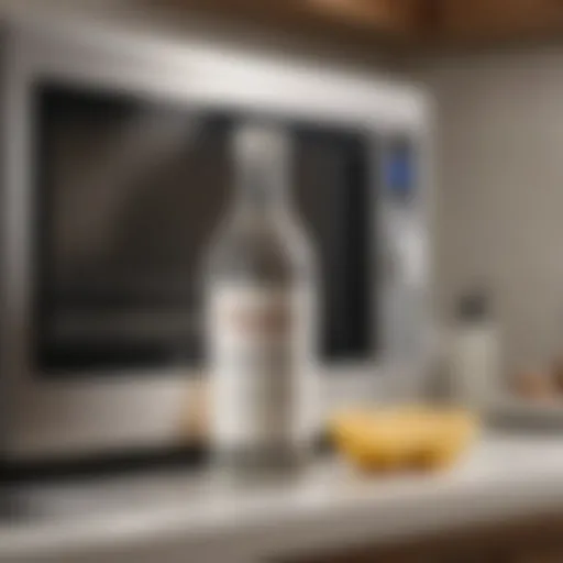 A bottle of white vinegar placed next to a microwave