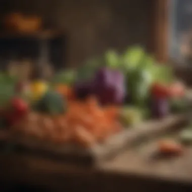 Seasonal Vegetable Display An elegant arrangement of seasonal vegetables on a rustic table.