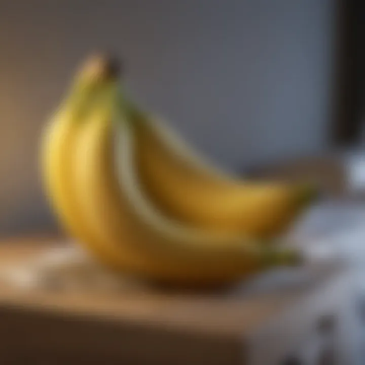 A tranquil setting featuring a banana on a nightstand and a soft glow from a bedside lamp.