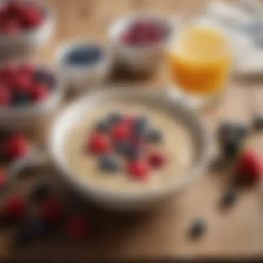 A bowl of oatmeal topped with fresh berries and a drizzle of honey, placed on a table beside a book.