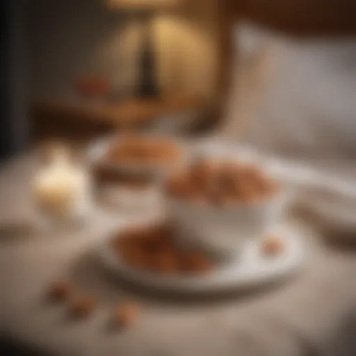 A serene night scene with a cozy bedroom and a plate of almonds on the bedside table.