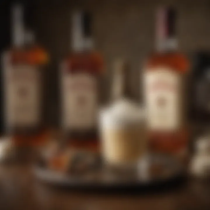A close-up of whiskey cream ingredients, showcasing whiskey bottles and cream containers