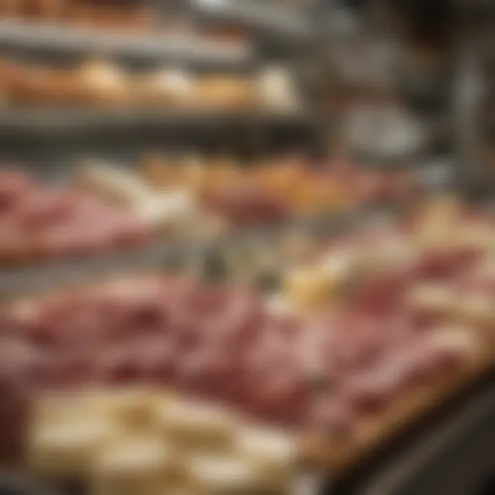 A vibrant deli display showcasing an array of meats and cheeses