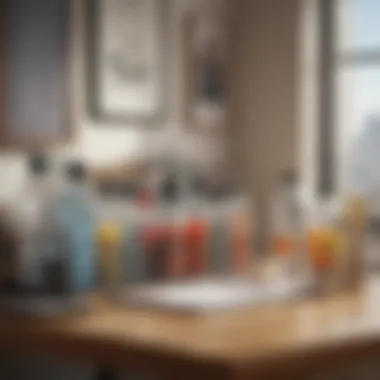 Stylish and functional desk organization Workspace with neatly arranged water bottles